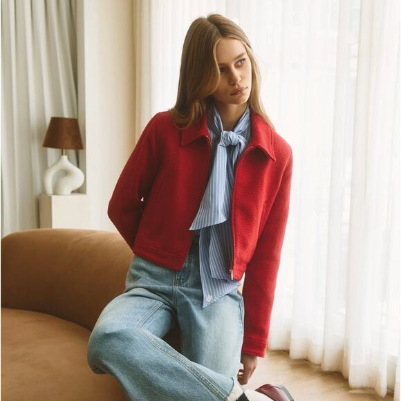 ZARA Red Wool-Blend Cropped Jacket NWT | Structured Collar Coat - Picture 8 of 16